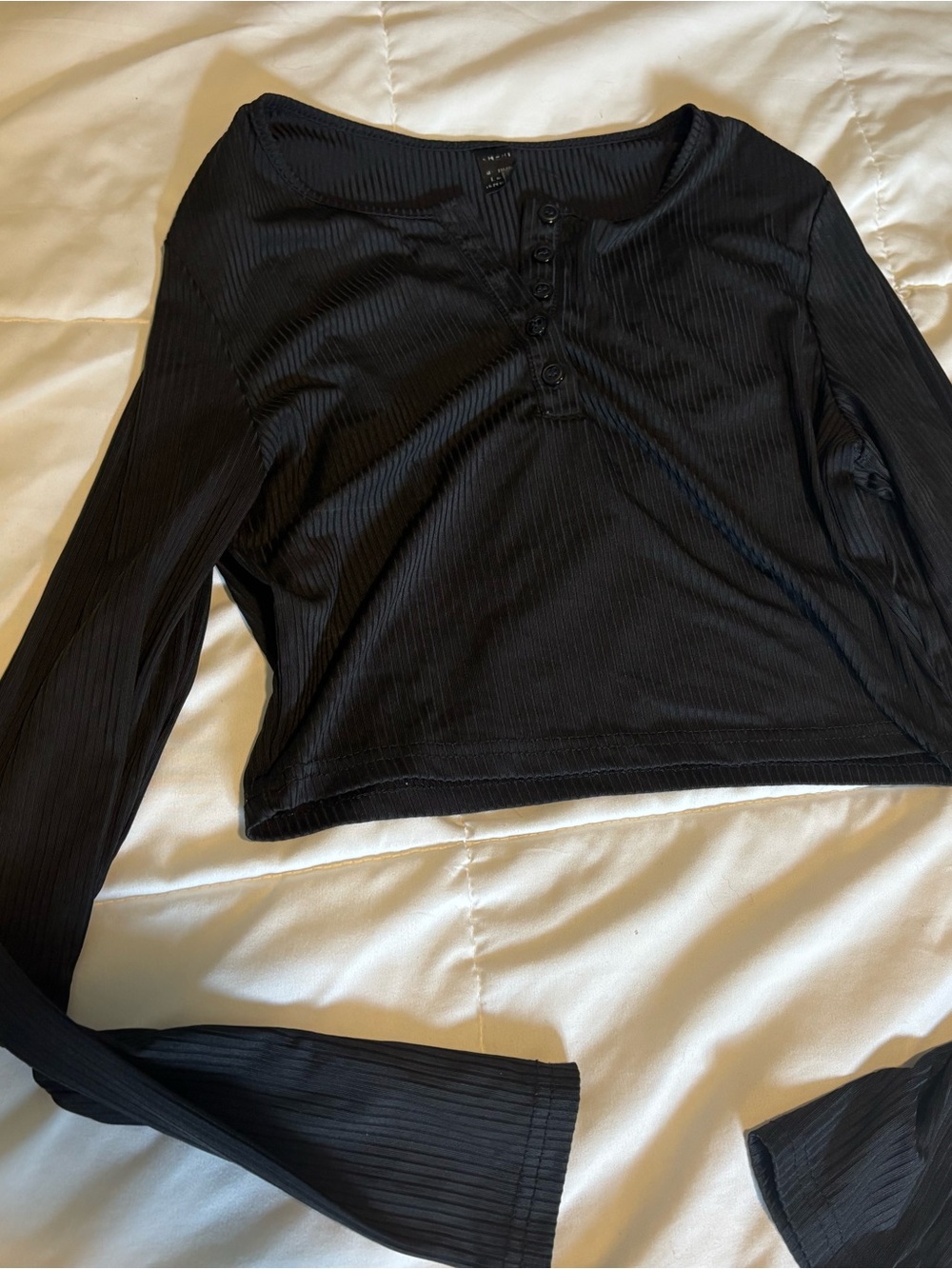 Forever 21 Black Ribbed Henley Long-Sleeve Crop Top